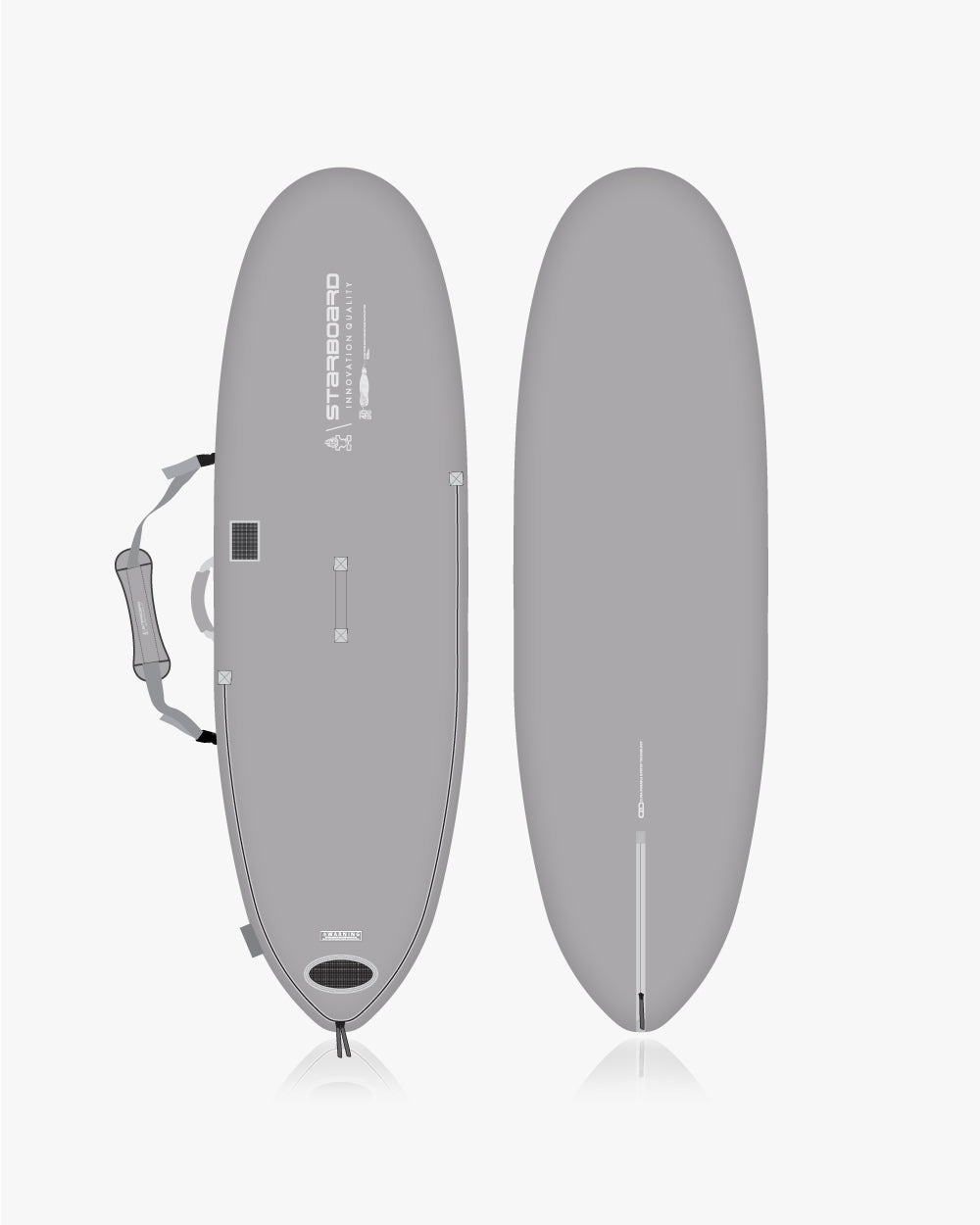 8’6’’ grey soft windsurf board with leash and fin in Kode board bag