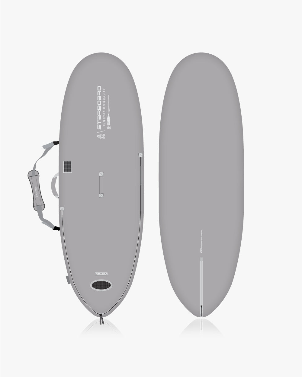 Gray polyurethane surfboard with black leash fin in Kode windsurf board bag