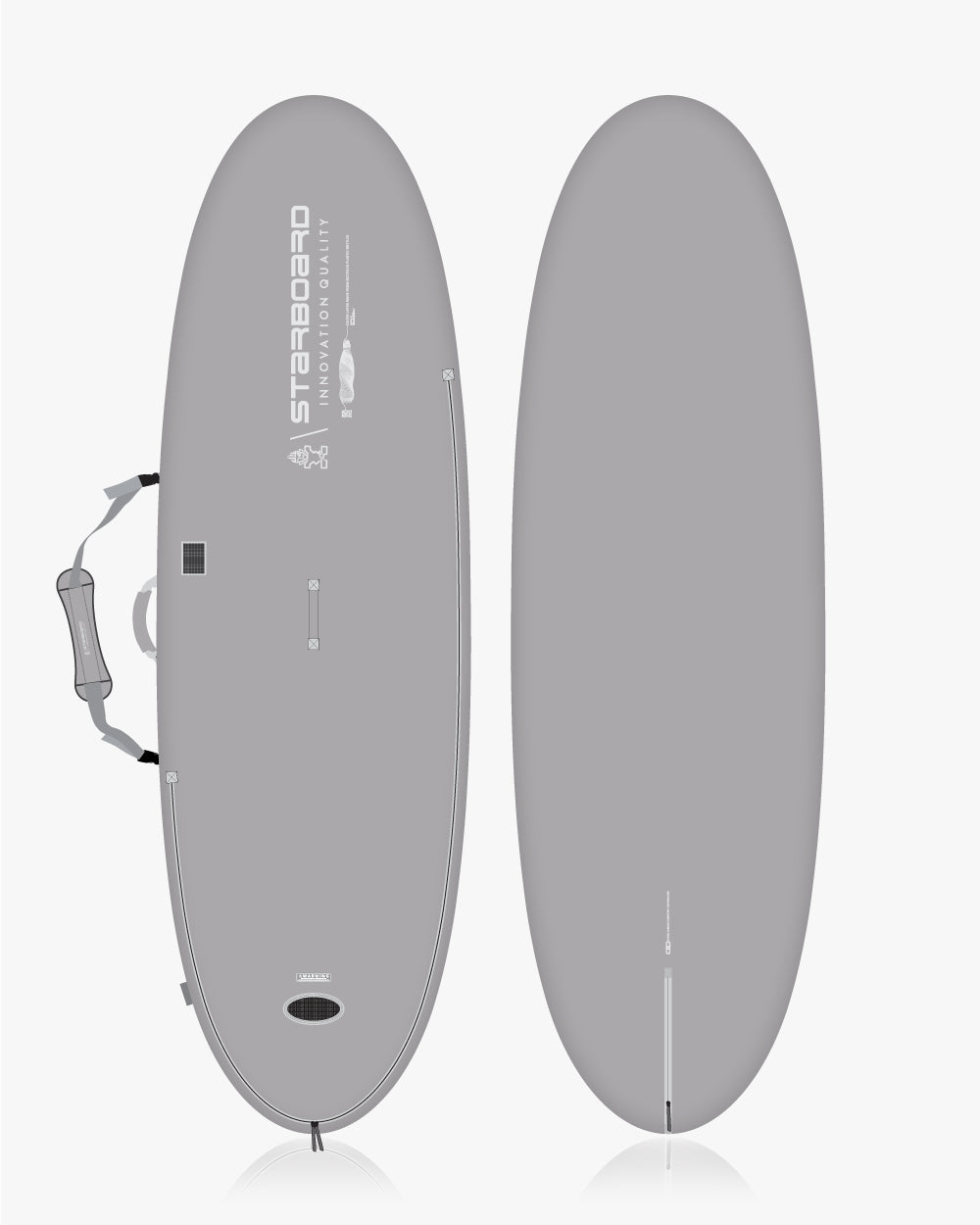 Staboard 10’6’’ grey surfboard with leash and fin in Rio windsurf board bag
