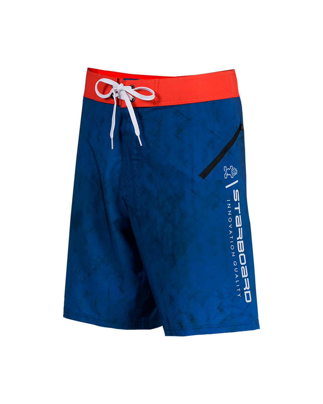 Blue and red 2024 Starboard Kids Team board shorts with white drawstring