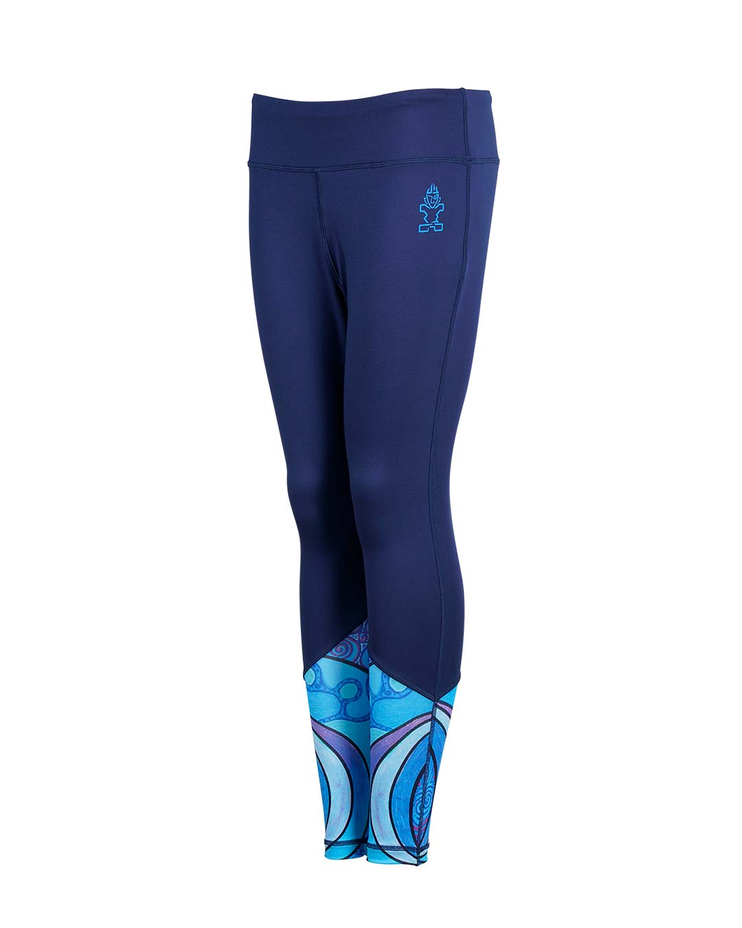 Navy blue Under Armour 2024 Starboard Women’s Team Tight leggings with turquoise and white wave pattern on hem
