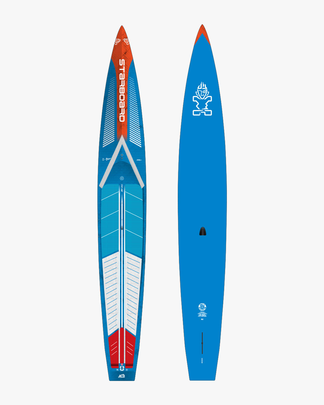 2019 Starboard 13’6’’ carbon fiber SUP board with red white graphics blue deck