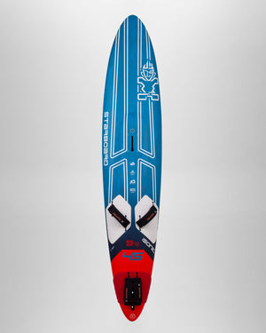 ISonic Speed windsurf board in blue and red with white stripes and Stance logo
