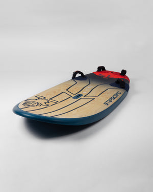 2024 iSonic Windsurf Board with blue red accents wooden deck pop-up paddle style