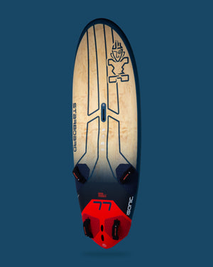 Blue and red 2019 Starboard 7’6’’ Epic windsurf board with white graphic