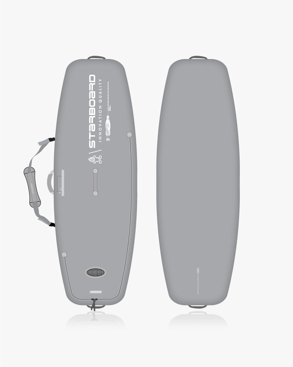 Gray inflatable surfboard with Triple iSonic in Windsurf Travel Bag