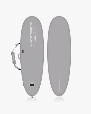 Gray inflatable windsurf board in Start 2 board bag with black leash