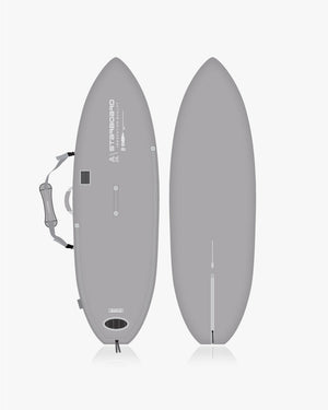 Gray windsurf board in Ultra bag with leash and fin