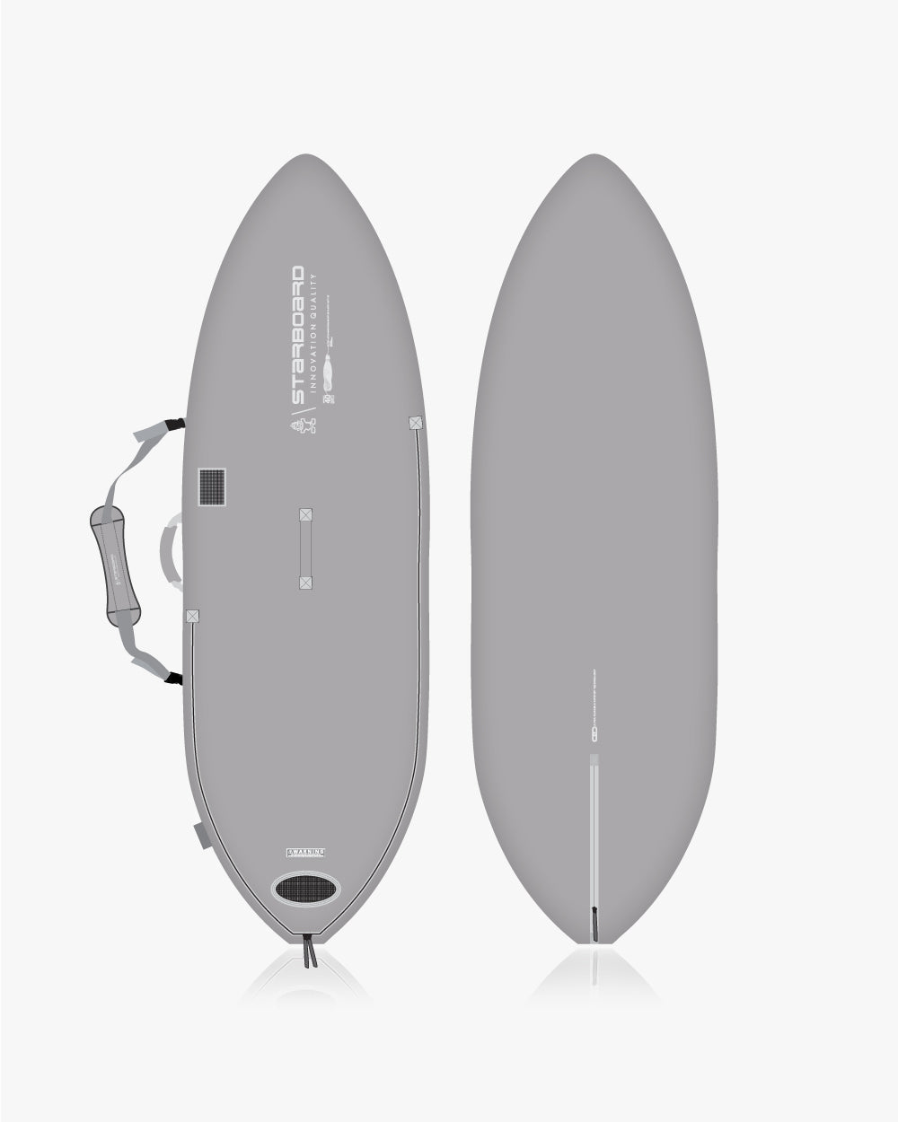 Silver windsurf board with leash and fin in Hyper board bag