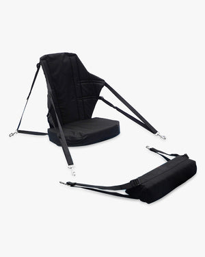 Black kayak seat with cushioned foldable chair and footrest add-on