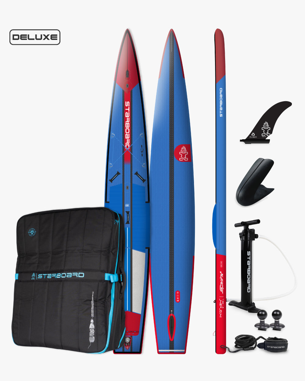 2025 Sprint blue and red inflatable paddleboard with bag, fins, leash, pump