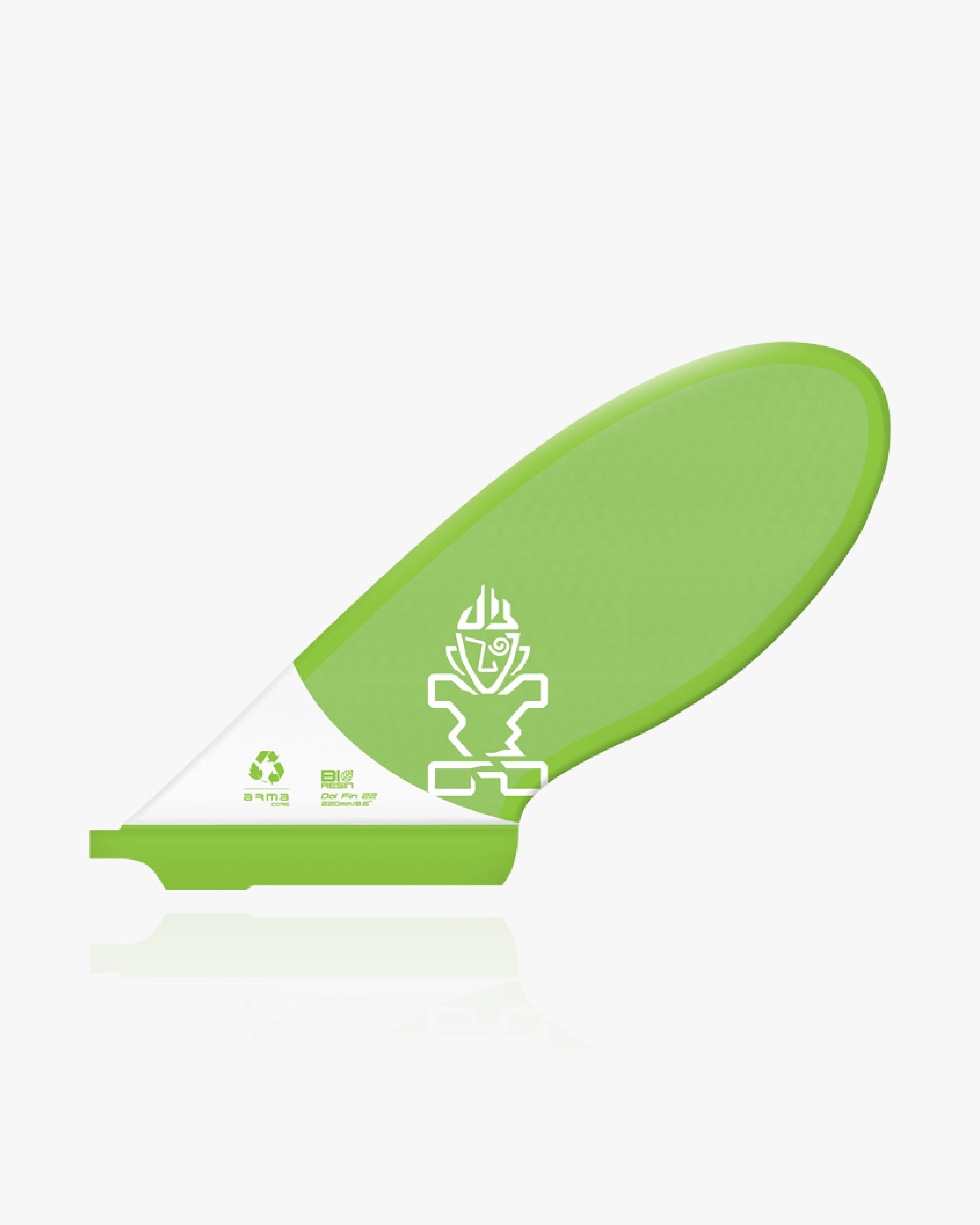 Lime green Dol-Fin 22 SUP fin with white logo and recycling symbol