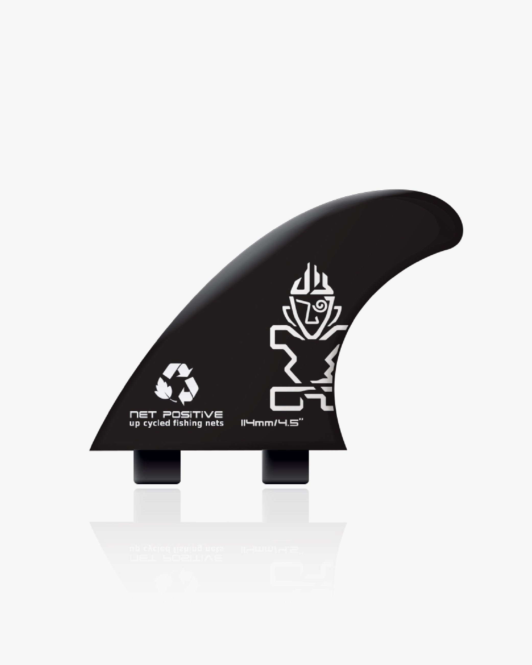 Black SUP side fin with Net Positive logo from recycled fishing nets