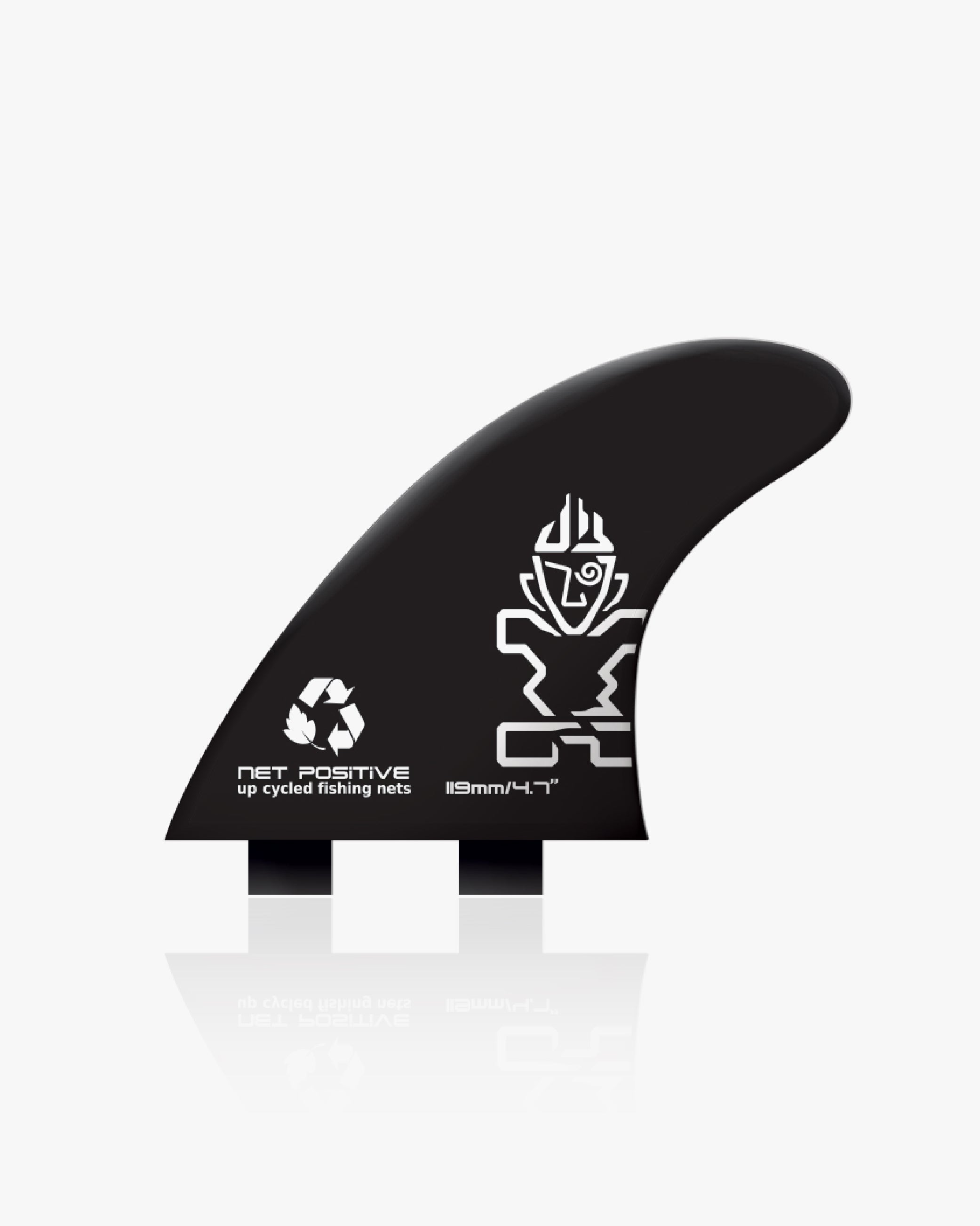 Black SUP side fin with Net Positive logo and fishing nets text