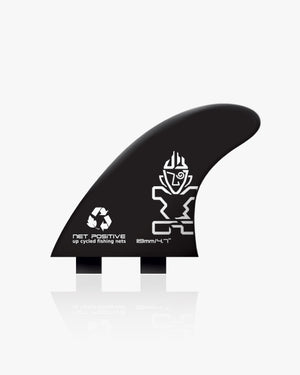 Black SUP side fin with Net Positive logo and fishing nets text