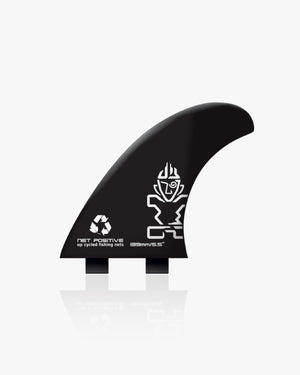 Black SUP side fin with Net Positive logo, fiberglass, fishing nets design