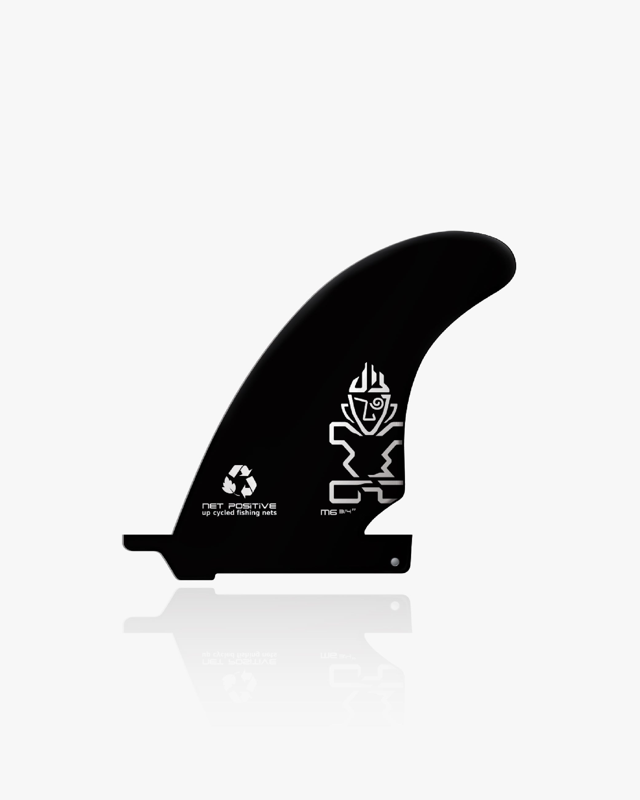 Black SUP Center Fin with net positive tribal design and recycling symbol