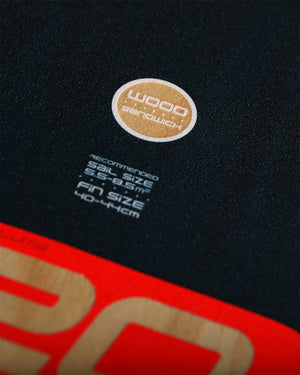 Futura Windsurf Board: black surfboard with red yellow design, wood core
