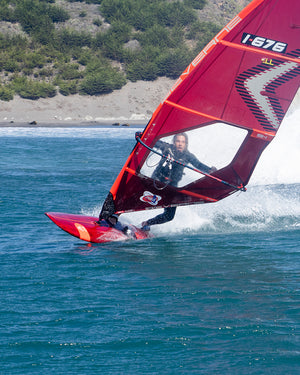 Red Kode Windsurf Board with black white carbon fiber design