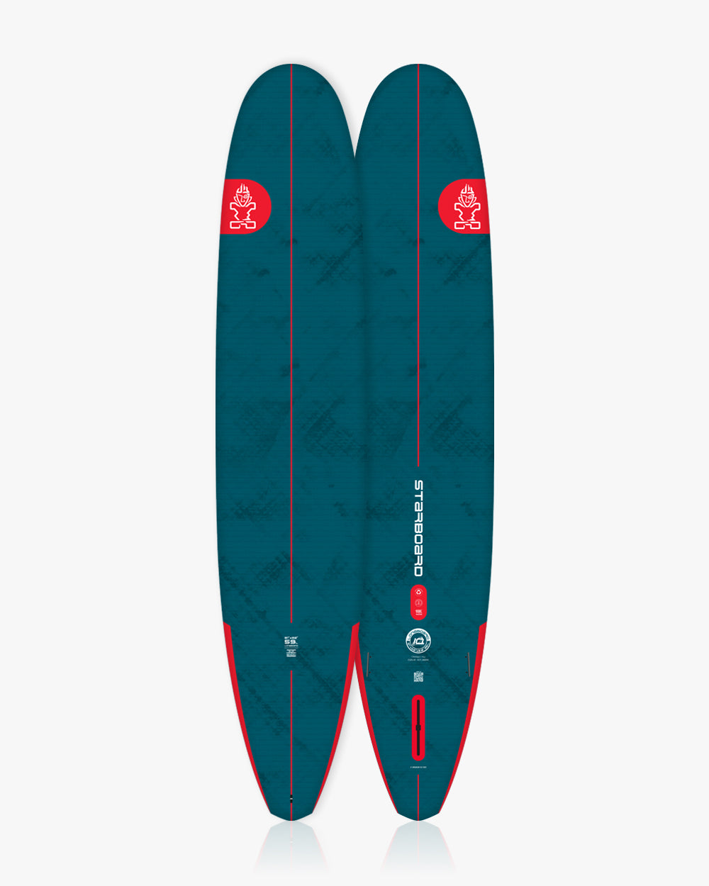 Teal and red longboard surf with unique nose logo design