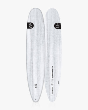 White polyurethane longboard surf with black logo and text