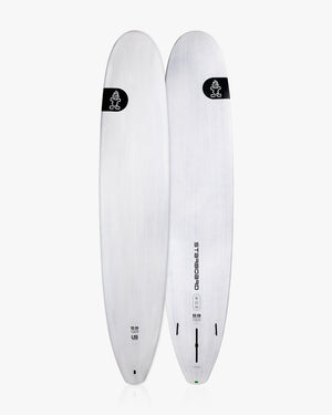 White polyurethane longboard surf with black logo and text