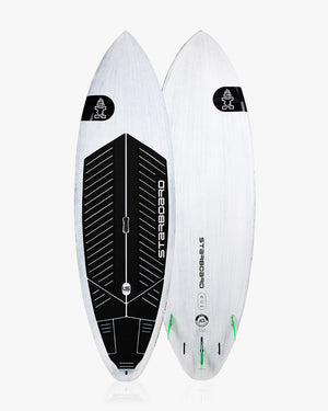 Pro Paddleboard: white surfboard with black geometric design and logo
