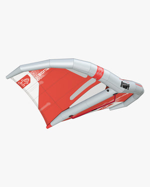 Source Wing red and white inflatable windsurfing sail with gray edges