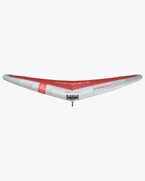 Red and white Source Wing starboard windsurfing board with sleek aerodynamic design