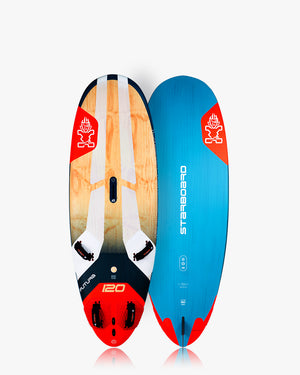 2019 Starboard Futura 14’6’’ windsurf board with red-blue gradient and bamboo deck