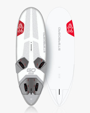 GO 152 Windsurf Board: white and gray surfboard with red accents