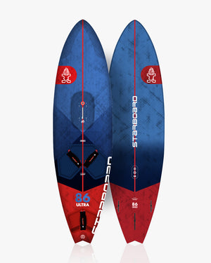 Sleek blue and red Ozone Ultra Windsurf Board with kiteboarding design