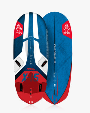 Red and blue 2019 Ozone X5 windsurf board with white accents, X-15 Windfoil model