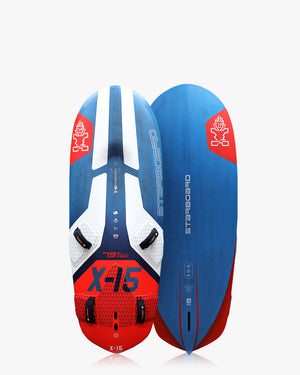 Red and blue 2019 Ozone X5 windsurf board with white accents, X-15 Windfoil model