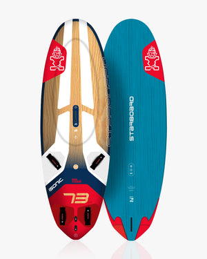 ISonic Windsurf Board: 73-inch ozone surfboard with blue/red design and bamboo deck