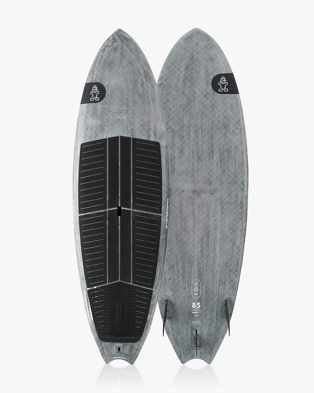 Gray marble 2019 Hobie Mirage iSUP TwinFin paddleboard with black traction pad