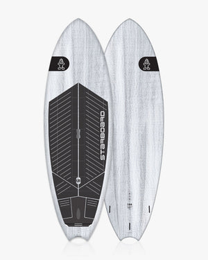 White TwinFin Paddleboard with black design and grip tape