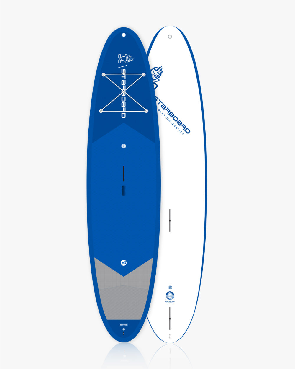 Blue and white 2024 GO SUP Windsurfing inflatable stand-up paddleboard with gray traction pad
