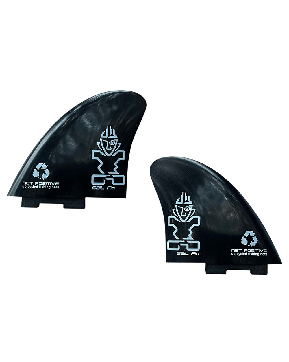 Black Drake Sail Fins side set with white logo on recycled surfboard fins