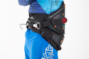 Jim Drake X-15 slalom harness in black with orange accents and carabiner