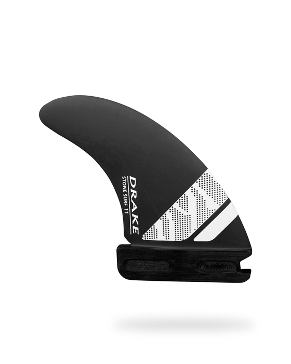 Black Drake Stone G10 surf fin with white-gray geometric pattern