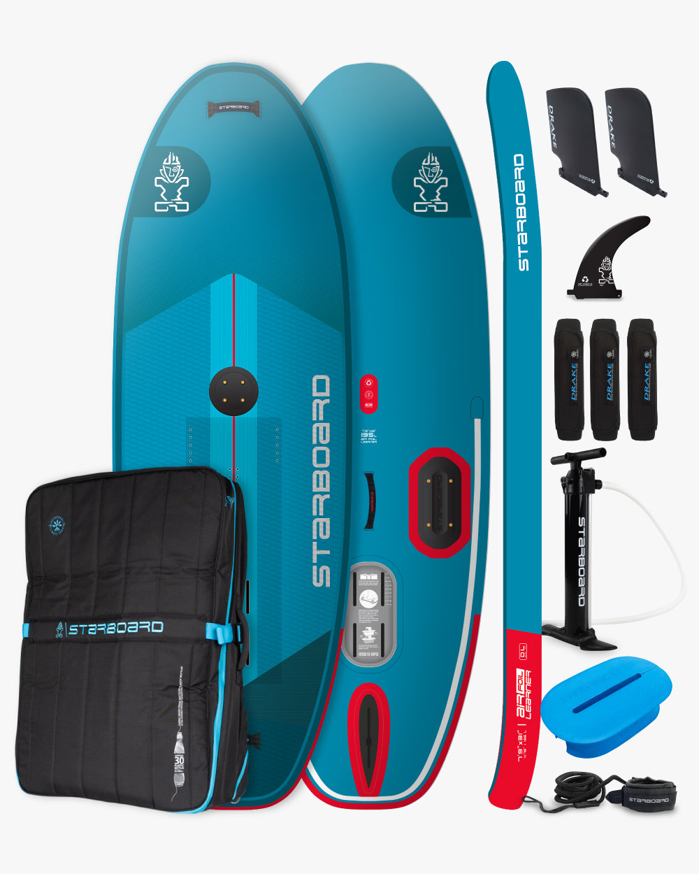 Blue Air Foil Learner inflatable foilboard with red accents and Starboard branding
