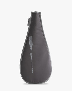 Charcoal gray neoprene SUP paddle blade cover with teardrop shape and strap