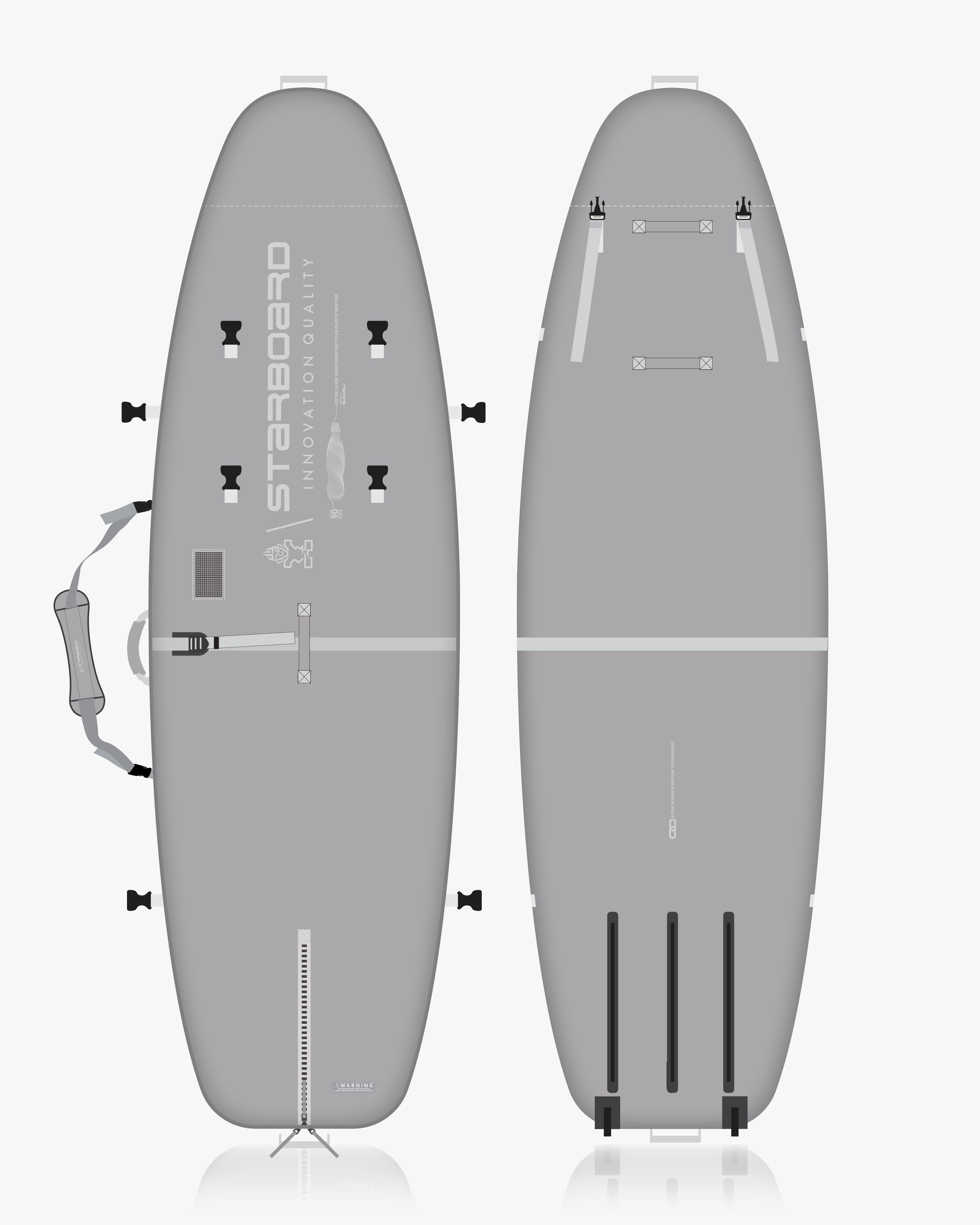 Grey inflatable SUP with black fins and straps in SUP Wheel Triple Bag 6’9’’-9’5’’ x 33