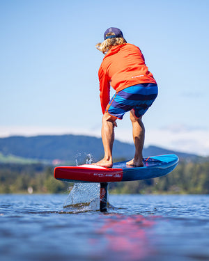 Ace Foil Lightning Foilboard: Blue and red hydrofoil with downwind performance