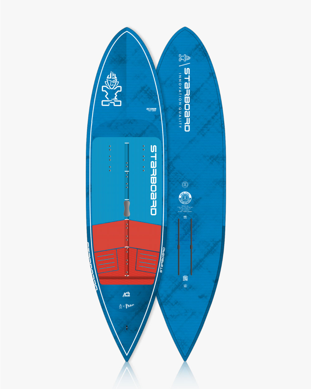 Sleek blue and red 2024 Ace Foil stand-up paddleboard with Starboard logo