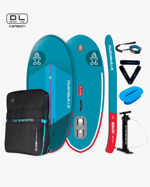 Dl Carbon air foil inflatable foilboard with blue red accents black bag