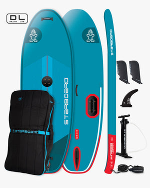 Wingboard Learner blue inflatable SUP with red accents, bag, pump