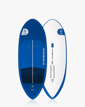 Sleek blue and white Stella stand-up paddleboard Above Foilboard