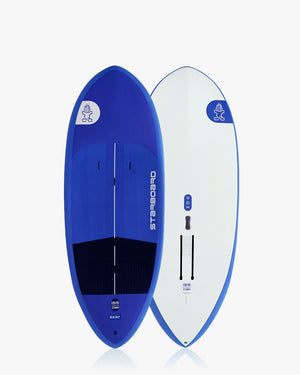Sleek blue and white Stella stand-up paddleboard Above Foilboard